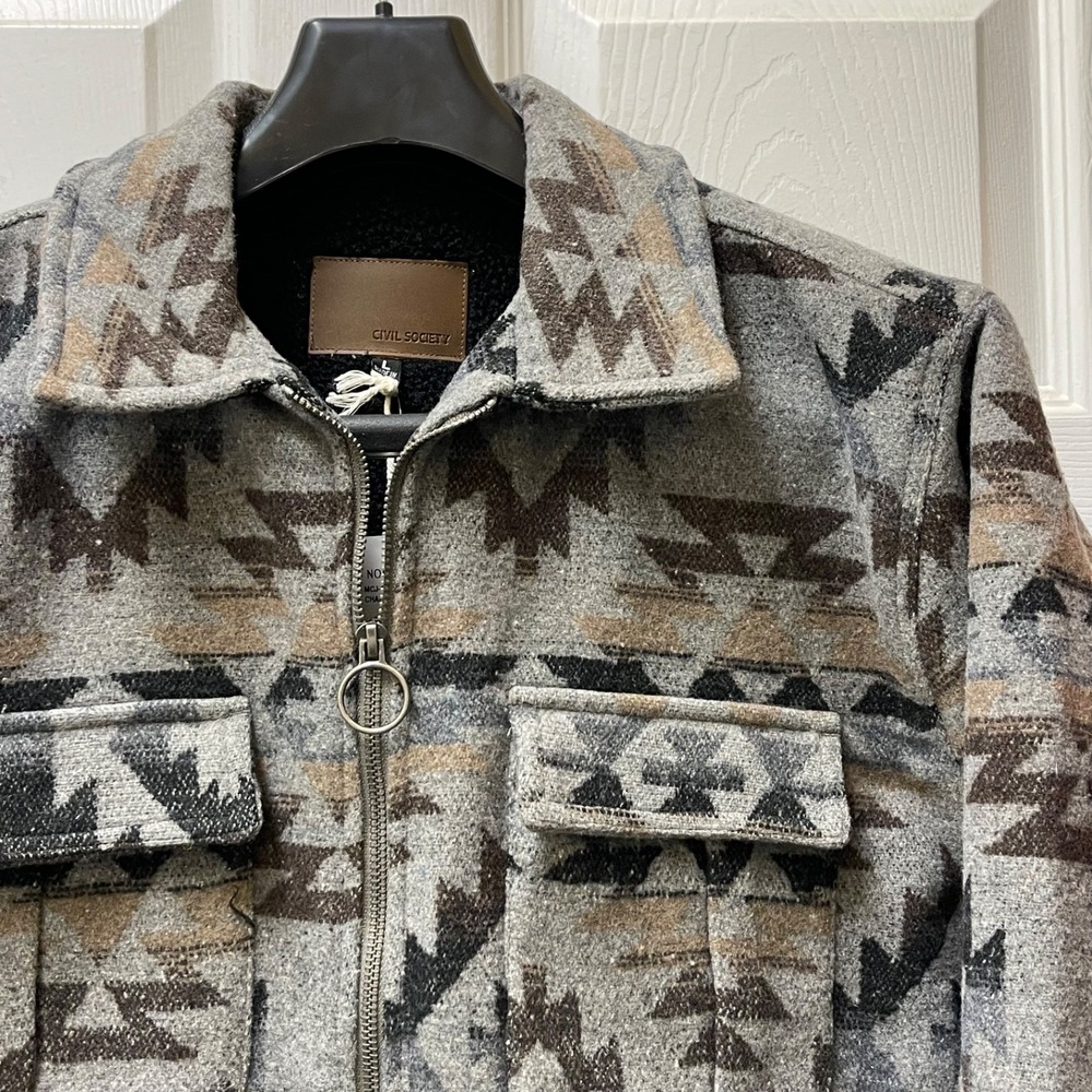 Civil Society Men's L Neutral/Tan Aztec Print Full Zip Lined‎ Shirt Jacket NWT